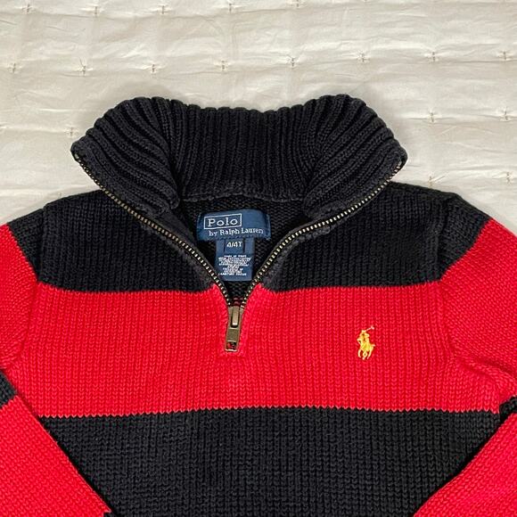 Polo Ralph Lauren Rugby Stripe 1/4 Zip Sweater Boys 4/4T | Red/Black Long Sleeve - Picture 2 of 10
